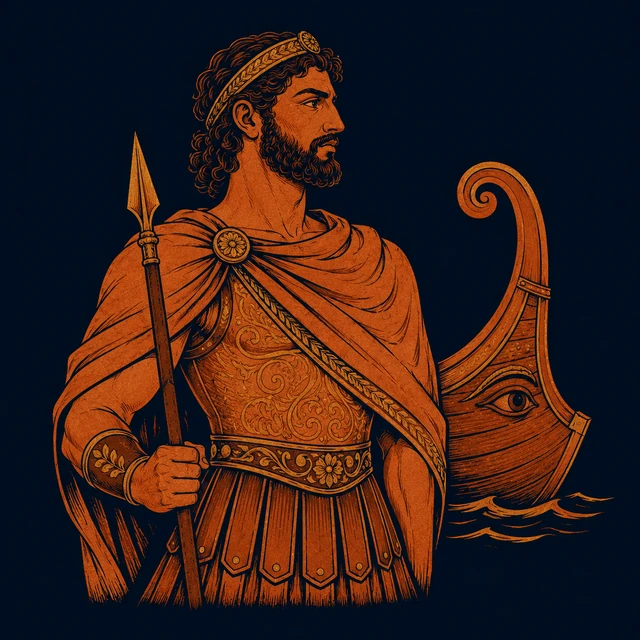 MythWeave original pottery-line illustration of the adult fleet commander Apsyrtus beside a warship prow