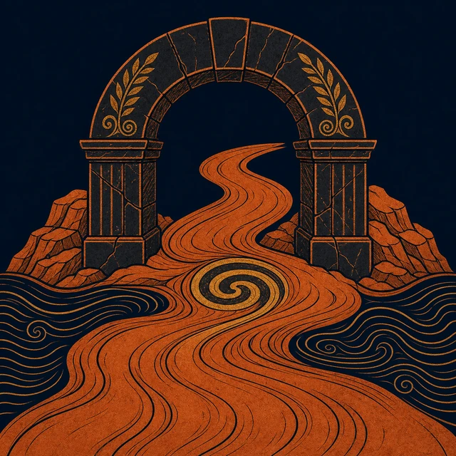 MythWeave original pottery-line illustration of Acheron flowing beneath a dark stone arch with a golden confluence spiral