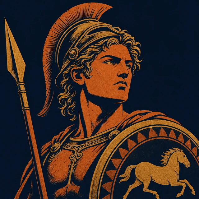 MythWeave original portrait of Achilles as a young terracotta hero with a crested helmet, ash spear and running-horse round shield