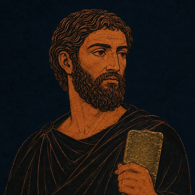 MythWeave original portrait of Aeacus as one judge of the dead from Plato's Gorgias, with terracotta mature face, plain dark judge's cloak and restrained worn-gold judgment tablet on deep navy.