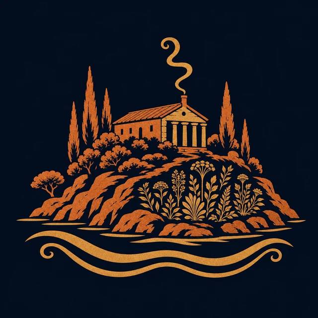 MythWeave original place emblem of Aeaea as a terracotta forest island with Circe's stone hall, cypress trees, herb garden and two wave bands