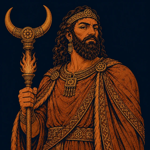 MythWeave original pottery-line illustration of Aeetes holding a fire-marked bull-horn sceptre