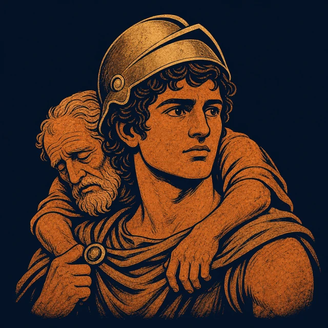 MythWeave original portrait of Aeneas as a terracotta-and-gold Trojan survivor carrying his elderly father
