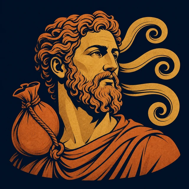 MythWeave original portrait of Aeolus as a terracotta-and-gold keeper of winds with a tied wind-bag and three curling wind ribbons