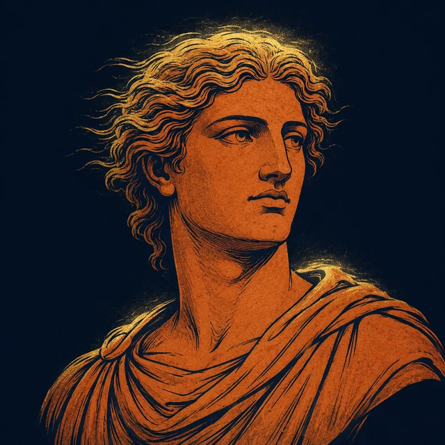 MythWeave original portrait of Aether as a terracotta primordial upper-air deity with a restrained worn-gold high-air glow on deep navy