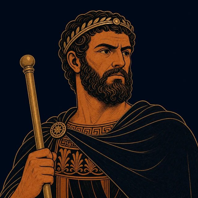 MythWeave original portrait of Agamemnon as a mature terracotta-and-gold Achaean commander holding a plain sceptre