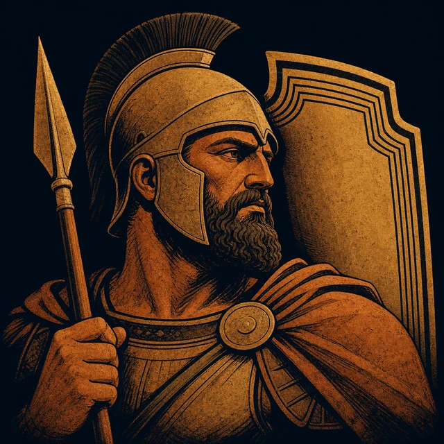 MythWeave original portrait of Ajax the Great as a massive terracotta defender with a layered tower shield and short spear