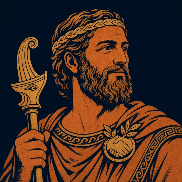MythWeave original portrait of Alcinous as a mature terracotta king with a woven headband, ship-prow sceptre and olive hospitality clasp