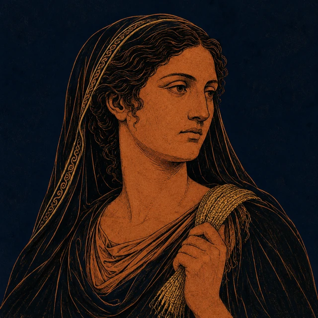 MythWeave original portrait of Alcmene as a dignified mortal mother with terracotta face, dark household veil and restrained worn-gold swaddling or lamp cue on deep navy