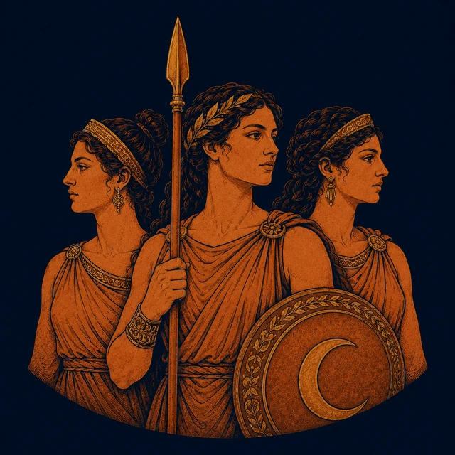 MythWeave original pottery-line collective emblem of three Amazons with a spear and crescent shield