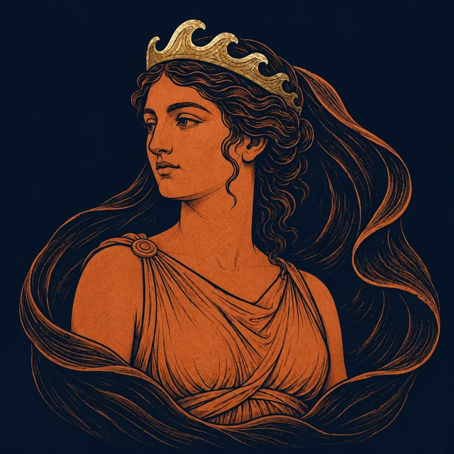 MythWeave original portrait of Amphitrite as a sea goddess and Nereid, with terracotta female face, dark marine veil and restrained worn-gold sea-wave diadem on deep navy.