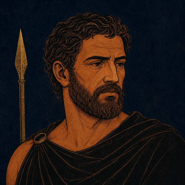 MythWeave original portrait of Amphitryon as a sober mortal father-figure with terracotta mature face, trimmed beard, simple cloak and restrained worn-gold household or spear cue on deep navy