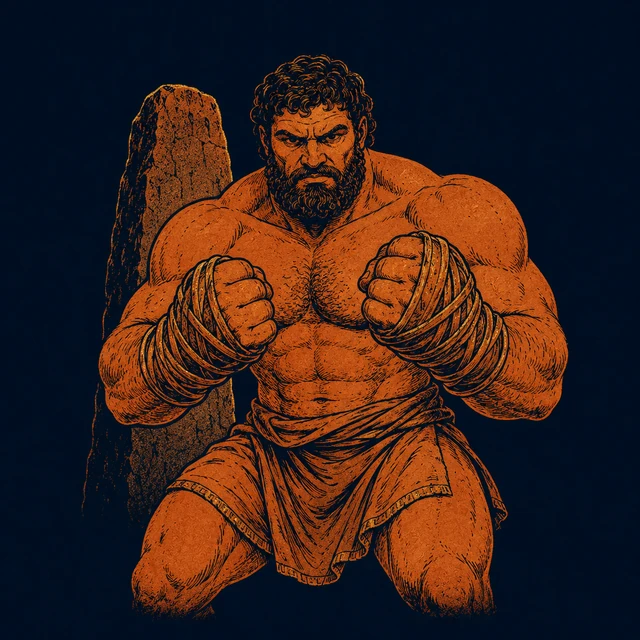 MythWeave original pottery-line illustration of the massive boxer Amycus guarding a boundary stone