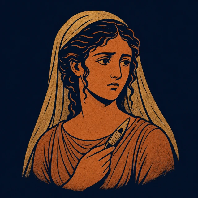 MythWeave original portrait of Andromache as a composed terracotta-and-gold Trojan noblewoman with a small spindle
