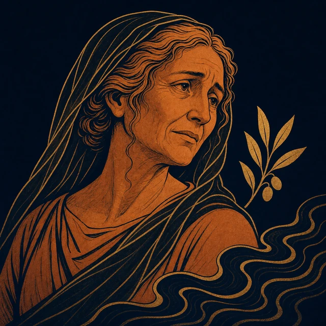 MythWeave original portrait of Anticlea as an elderly terracotta mother with a sparse veil, Ithacan olive branch and dark river wave