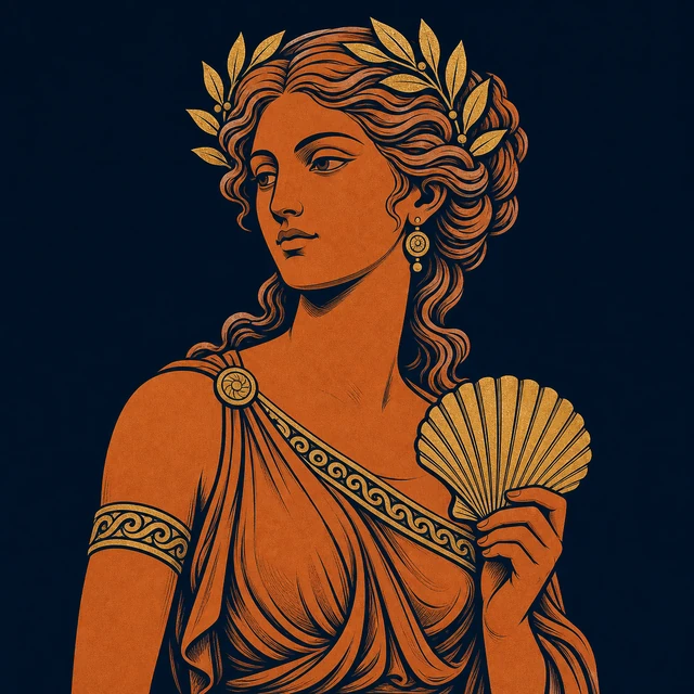MythWeave original portrait of Aphrodite as a dignified adult terracotta-and-gold goddess with a scallop shell and myrtle detail