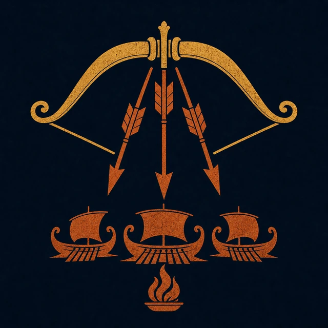 MythWeave original event emblem for Apollo's plague with a radiant bow above an afflicted camp