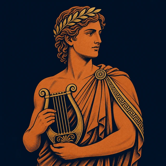 MythWeave original portrait of Apollo as a youthful beardless terracotta-and-gold god with a lyre and laurel sprig