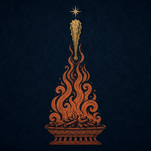 MythWeave original event emblem for the Apotheosis of Heracles, showing terracotta flame, worn-gold club and Olympus star on deep navy without a human scene