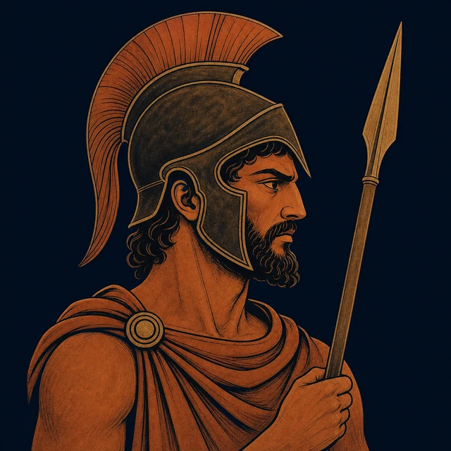MythWeave original portrait of Ares as a formidable terracotta-and-gold war god with a restrained crested helmet and plain spear