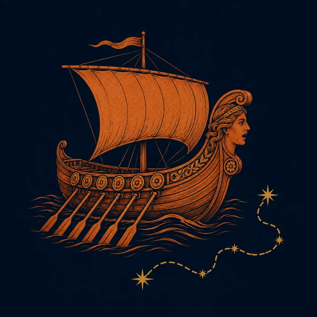 MythWeave original pottery-line illustration of Argo with its carved prow, six oars and golden route line