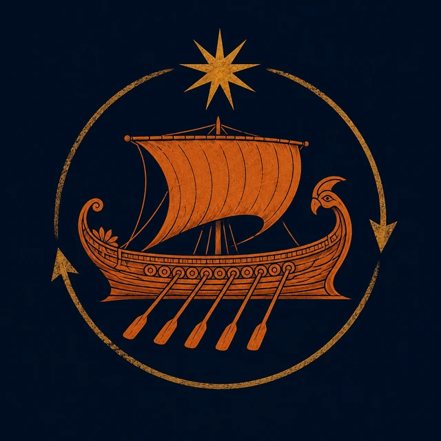 MythWeave original pottery-line voyage emblem of Argo, five oar strokes and a circular return path