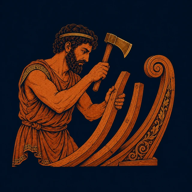 MythWeave original pottery-line illustration of Argus the Builder raising an adze beside Argo’s ribs
