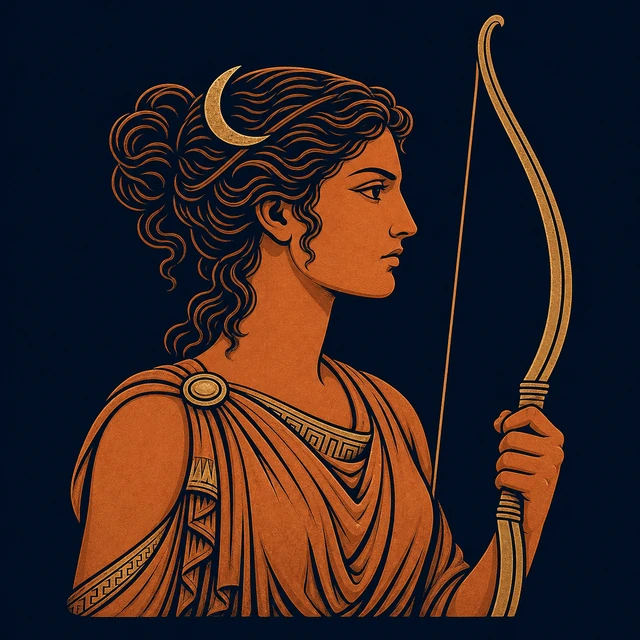 MythWeave original portrait of Artemis as an alert adult terracotta-and-gold hunt goddess with a bow and crescent hair ornament