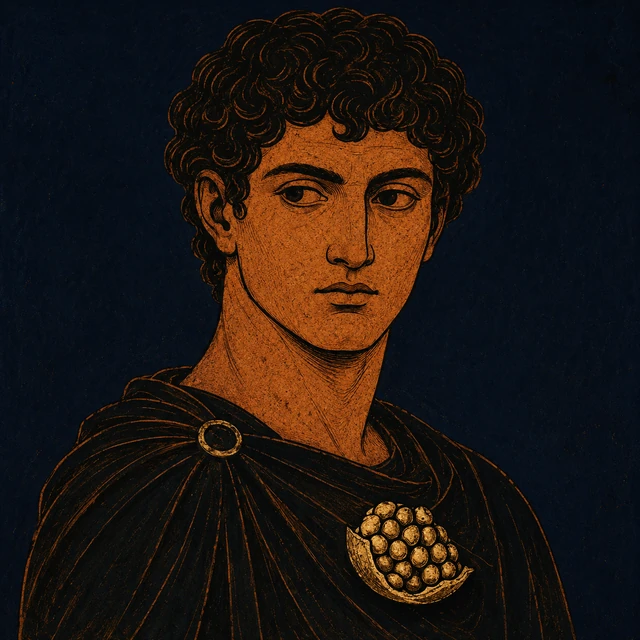 MythWeave original portrait of Ascalaphus as the underworld informer in the Persephone return tradition, with terracotta alert face, dark witness cloak and restrained worn-gold pomegranate seeds on deep navy.