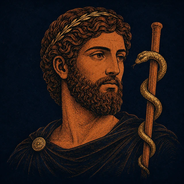 MythWeave original portrait of Asclepius as a dignified healer deity with terracotta face, simple cloak and restrained worn-gold serpent staff on deep navy