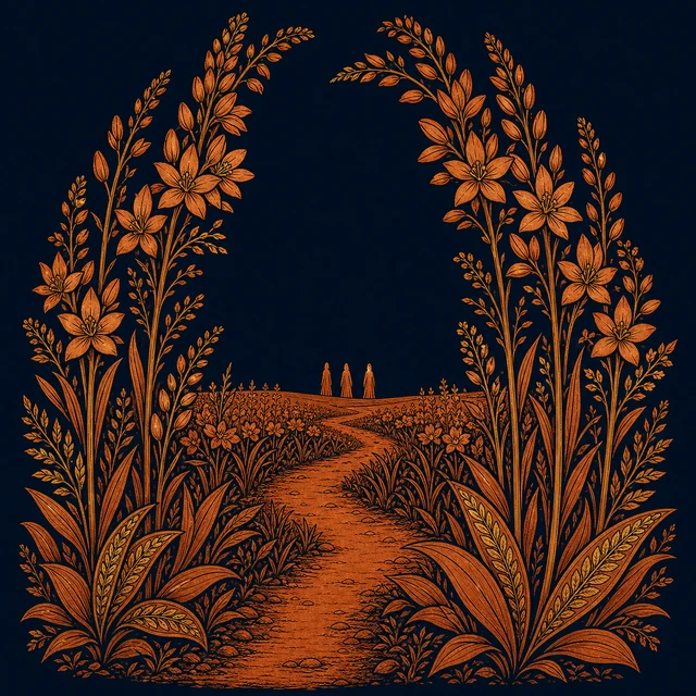 MythWeave original pottery-line illustration of the Asphodel Meadow with flower stalks around a quiet path of distant shades