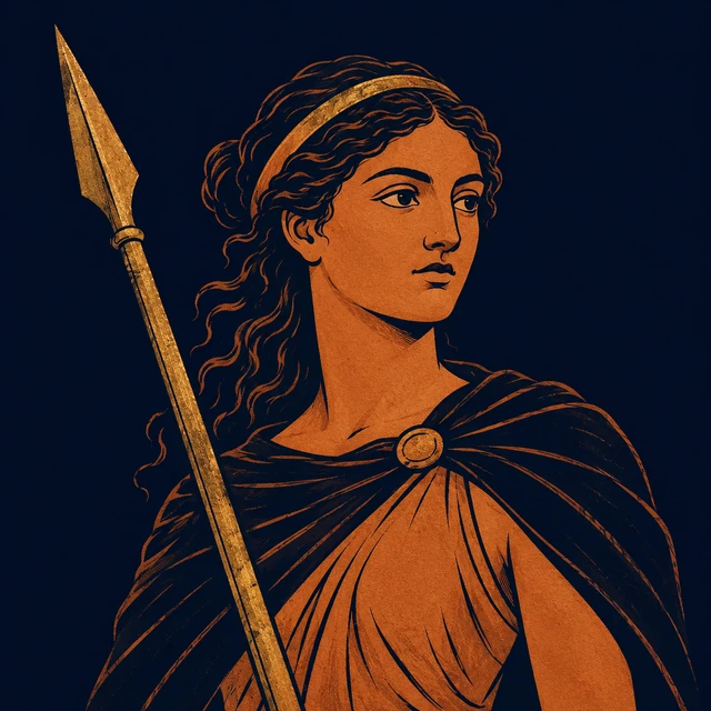 MythWeave original portrait of Atalanta as a hunter-runner heroine linked to the Argonaut generation, with terracotta female face, dark hunting cloak and restrained worn-gold spear on deep navy.