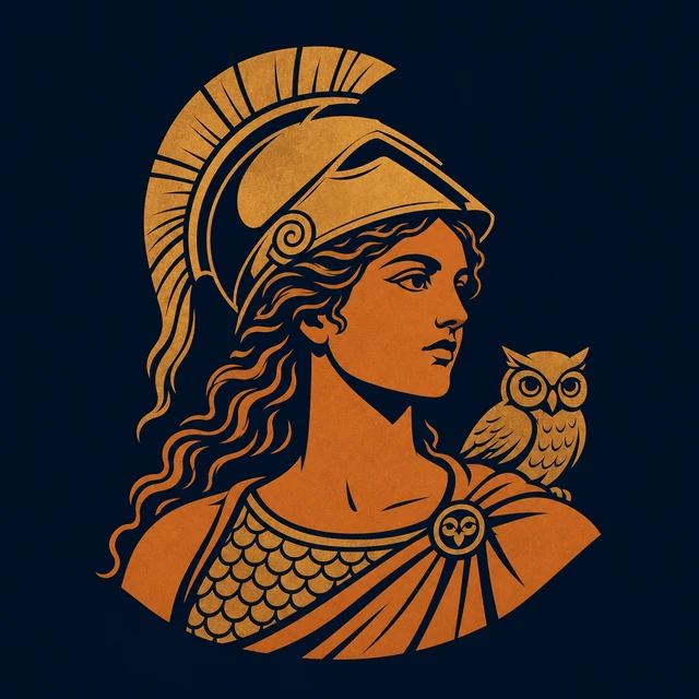 MythWeave original portrait of Athena as a terracotta-and-gold goddess with an Attic helmet, owl and aegis scale motif