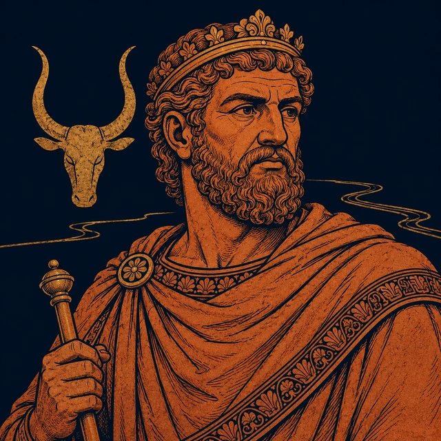 MythWeave original pottery-line illustration of King Augeas with cattle-horn and diverted-water emblems