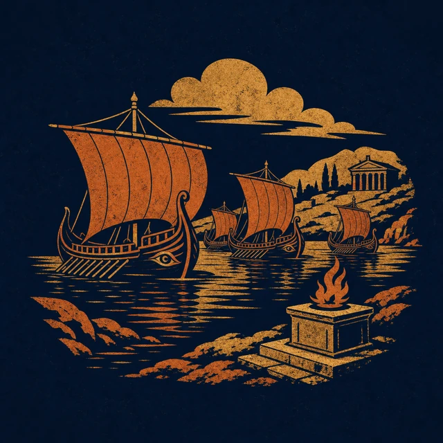 MythWeave original place emblem of Aulis as a terracotta-and-gold sheltered harbour with waiting ships and a small altar