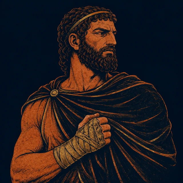 MythWeave original portrait of the Bebryces as a coastal people represented by one anonymous boxer-warrior, with terracotta stern face, dark coastal cloak and restrained worn-gold ancient hand-wrap on deep navy.