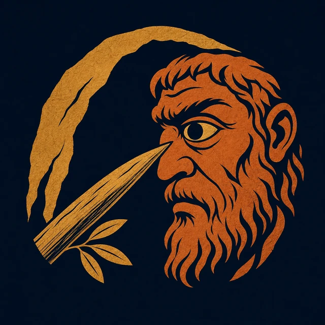 MythWeave original event emblem for the Blinding of Polyphemus with a Cyclops eye, approaching olive stake and cave arc, shown without injury