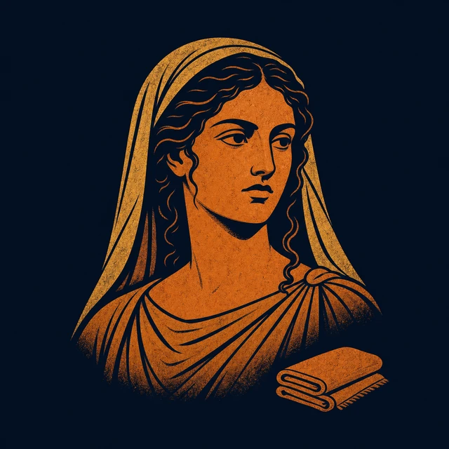 MythWeave original portrait of Briseis as an observant terracotta-and-gold captive woman holding a folded cloth
