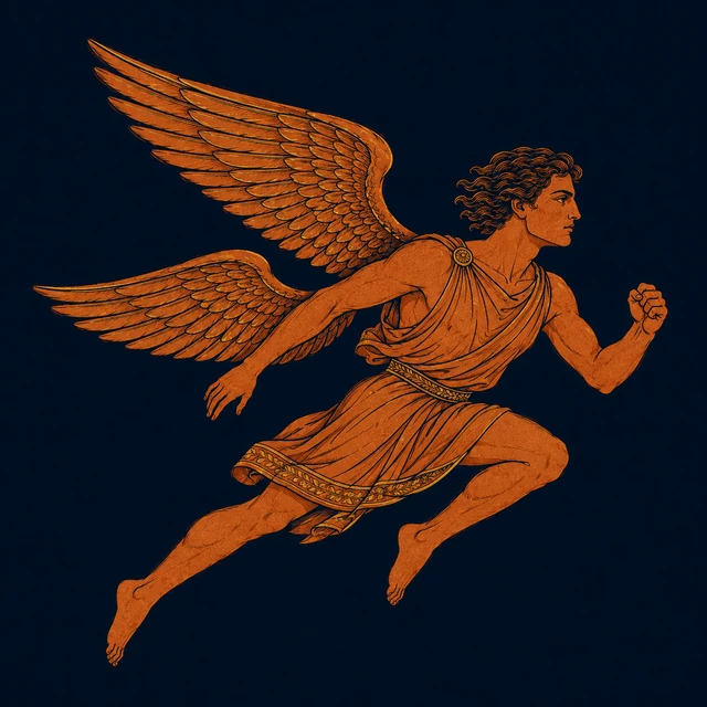 MythWeave original pottery-line illustration of the winged Calais running with short wind-swept curls