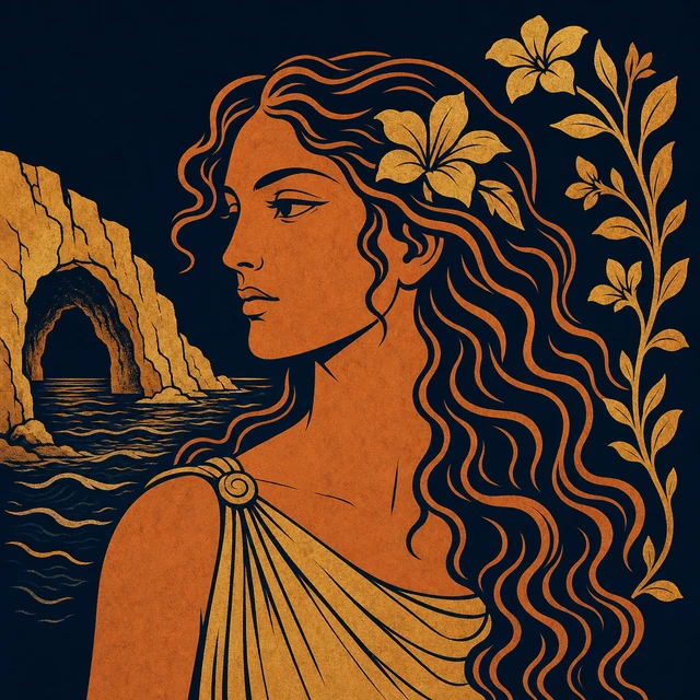 MythWeave original portrait of Calypso as a terracotta-and-gold island nymph with a sea-cave arch and flowering vine