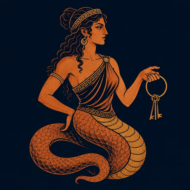 MythWeave original emblem of Campe as a simplified underworld jailer with a female upper profile, serpentine coil and key-ring
