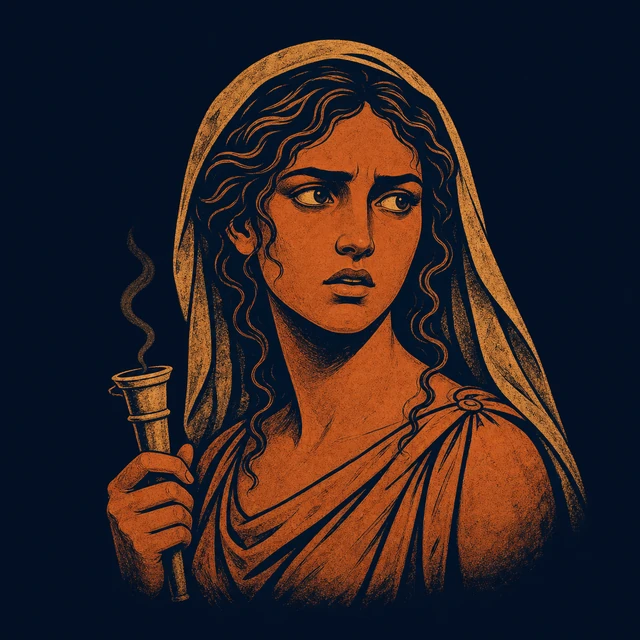 MythWeave original portrait of Cassandra as a terracotta-and-gold Trojan prophet with a broken laurel branch