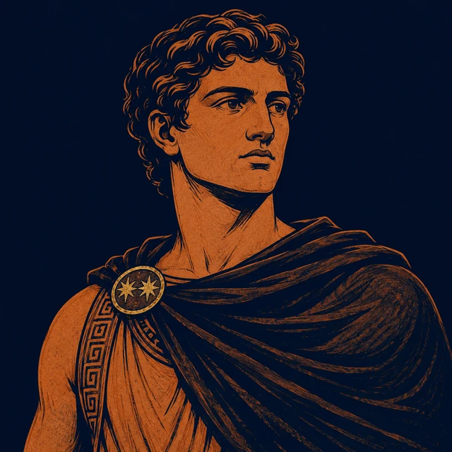 MythWeave original portrait of Castor as a Spartan Dioscuri hero and Argonaut catalogue member, with terracotta young heroic face, dark travel cloak and restrained worn-gold twin-star clasp on deep navy.