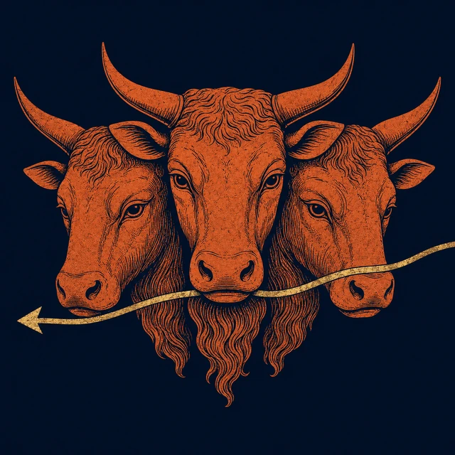 MythWeave original pottery-line herd emblem of Geryon’s red cattle crossed by a golden westward path