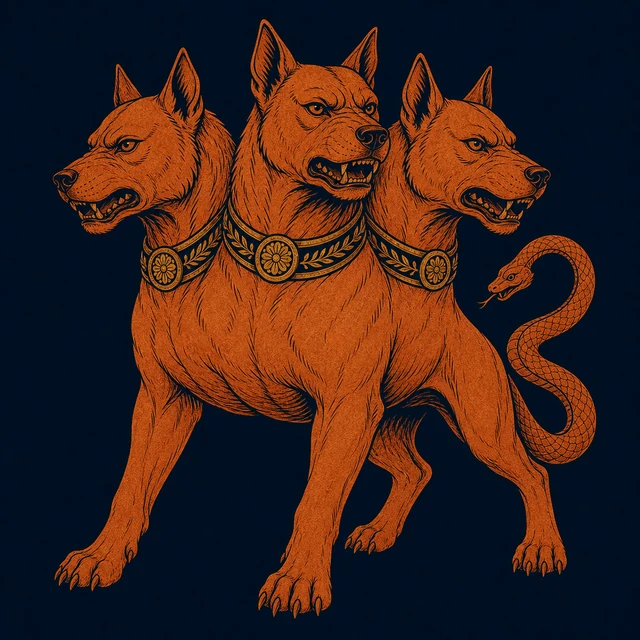 MythWeave original pottery-line illustration of Cerberus as an exactly three-headed hound with a serpent tail