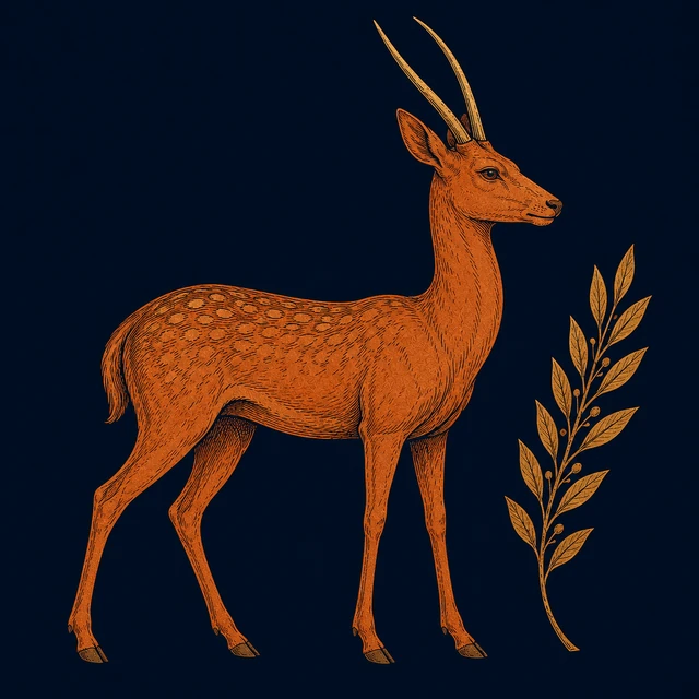MythWeave original pottery-line illustration of the sacred Ceryneian Hind with golden antlers and bronze hooves