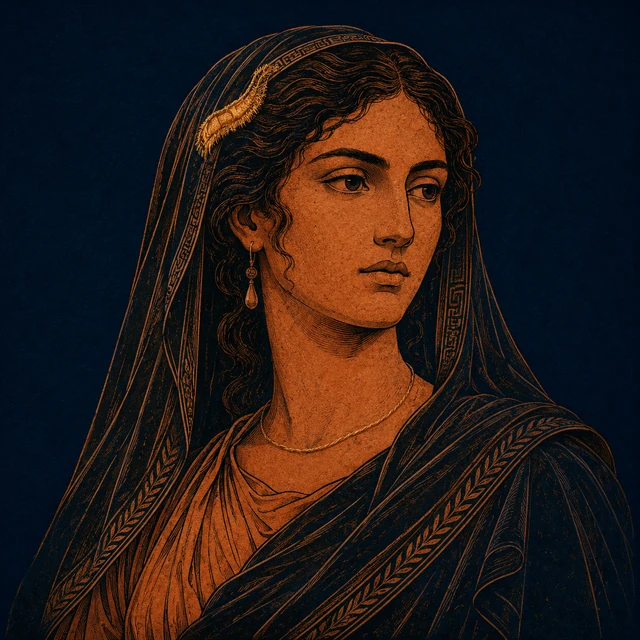 MythWeave original portrait of Chalciope as a composed Colchian princess, with terracotta face, dark court veil and restrained worn-gold family-thread cue on deep navy.