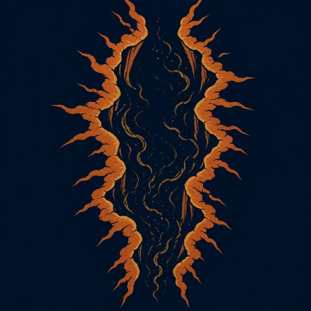 MythWeave original emblem of Chaos as a terracotta-and-worn-gold primordial rift on deep navy