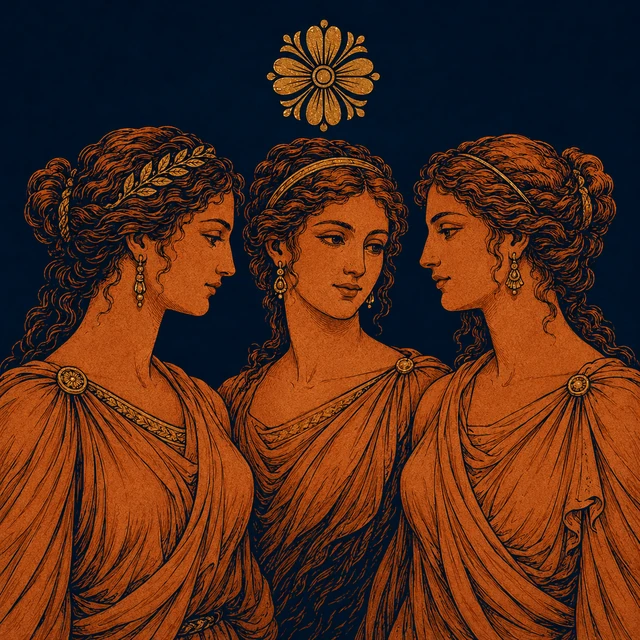 MythWeave original Charites portrait showing three fully draped adult goddesses facing one another beneath a single rosette