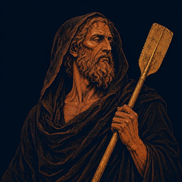MythWeave original portrait of Charon as an ancient underworld ferryman, with terracotta gaunt elder face, dark river cloak and restrained worn-gold ferry oar on deep navy.